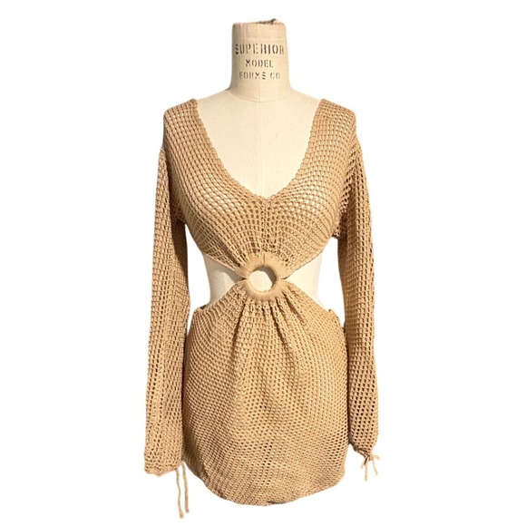 SHEIN Dresses & Skirts - Crochet Cutout Mini Dress Beige Knit Ring Detail Long Sleeve Beach Vacation S